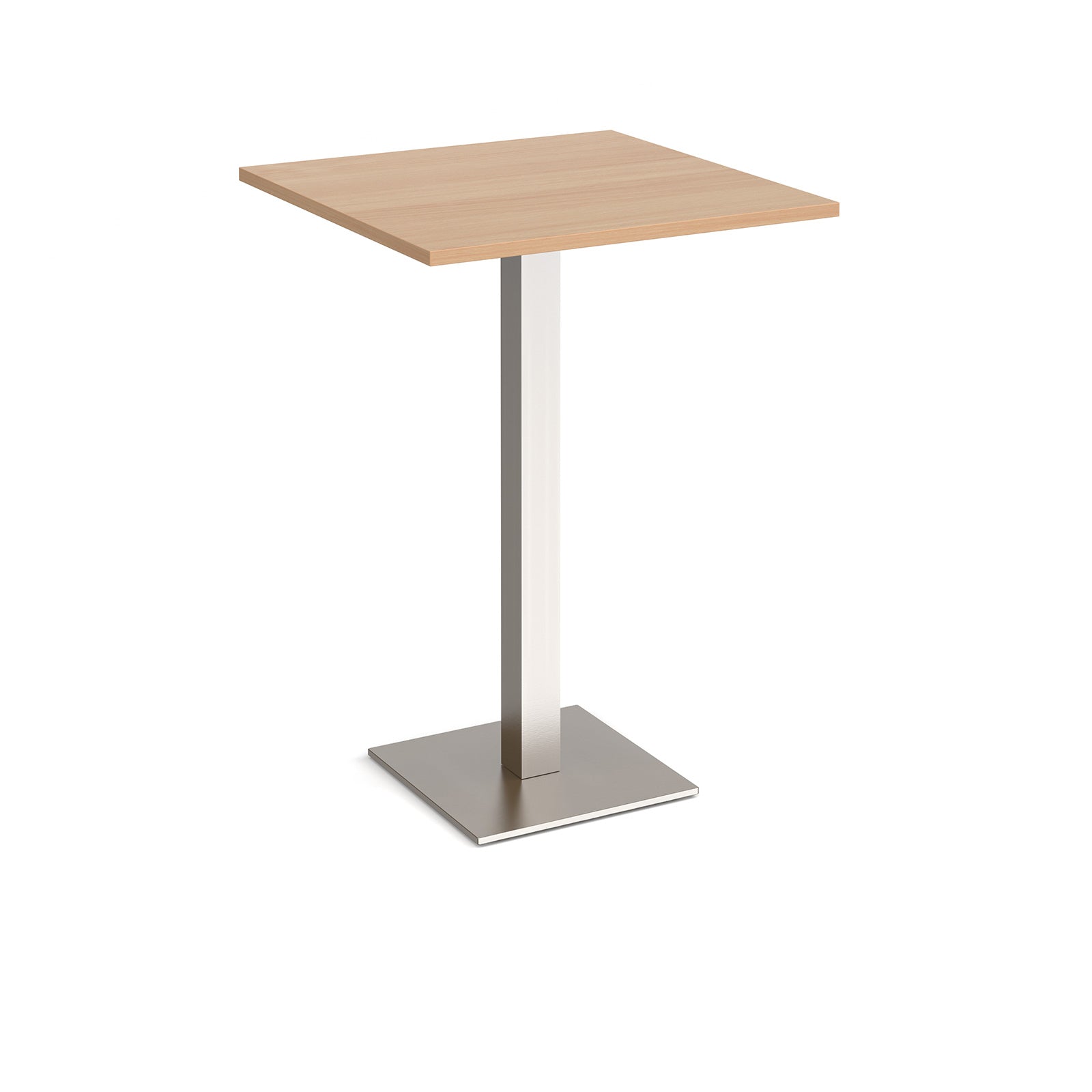 Square poseur table with wood-effect top and brushed steel metal base on a white background