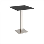 Square poseur table with black top and brushed steel metal base on a white background