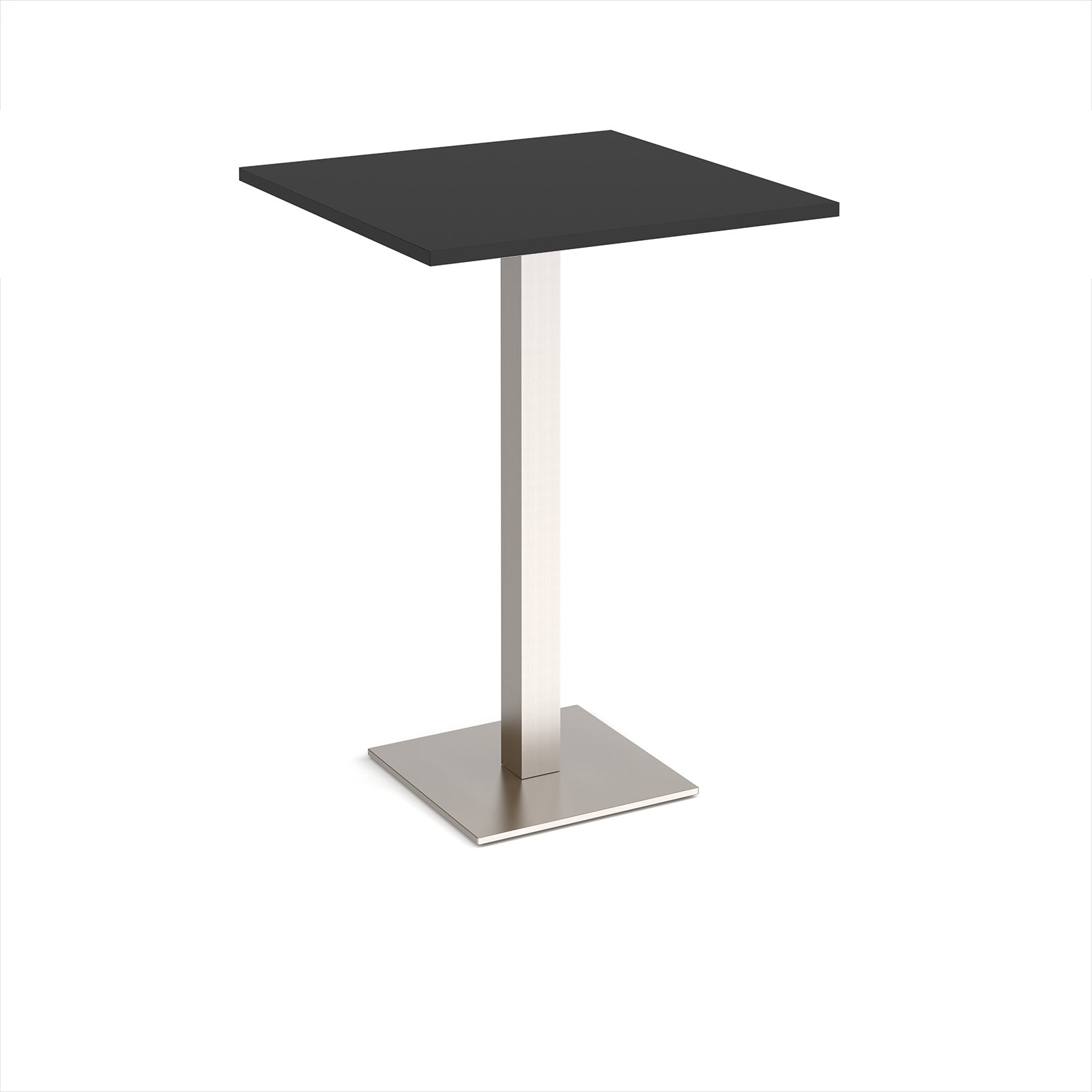 Square poseur table with black top and brushed steel metal base on a white background