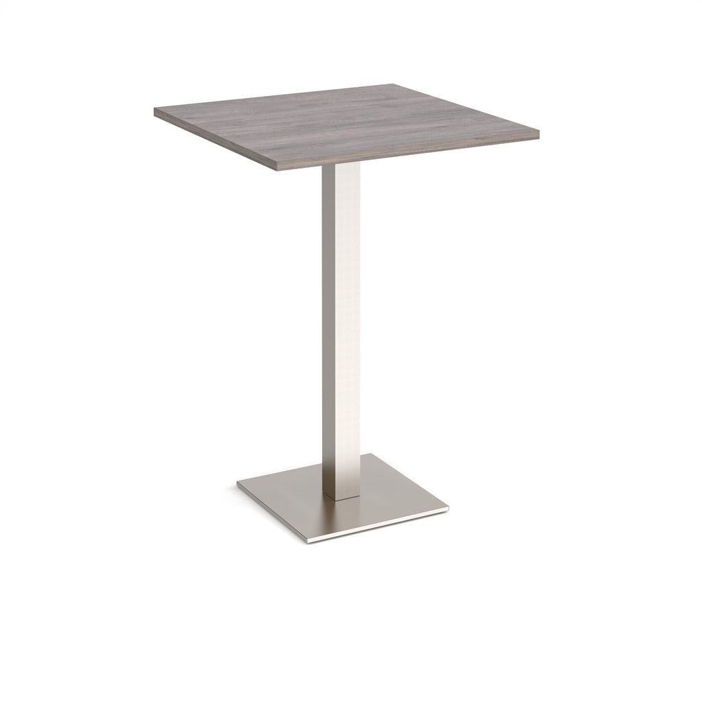 Square poseur table with grey wood-effect top and brushed steel metal base on a white background