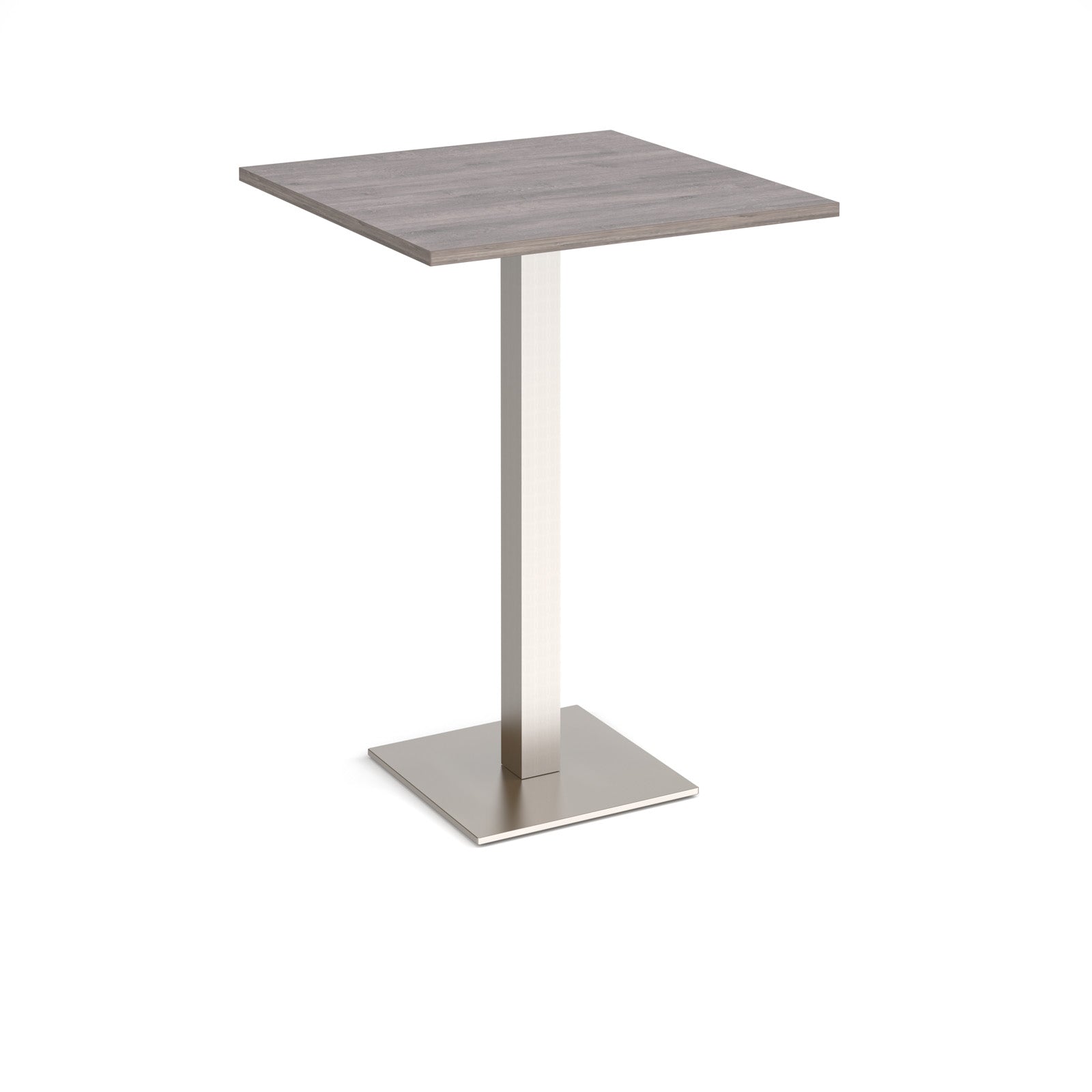 Square poseur table with grey wood-effect top and brushed steel metal base on a white background