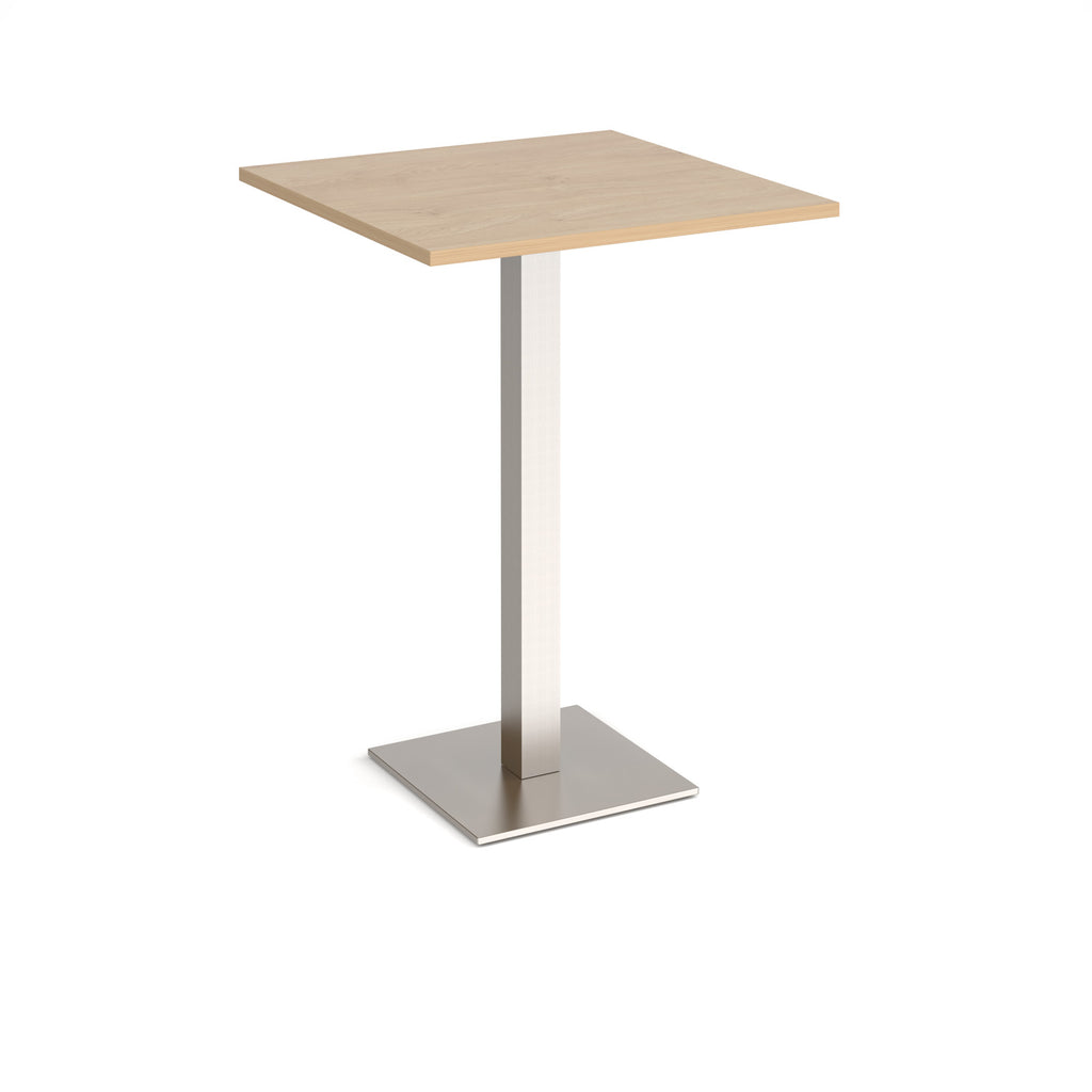 Square poseur table with wood-effect top and brushed steel metal base on a white background