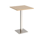 Square poseur table with wood-effect top and brushed steel metal base on a white background
