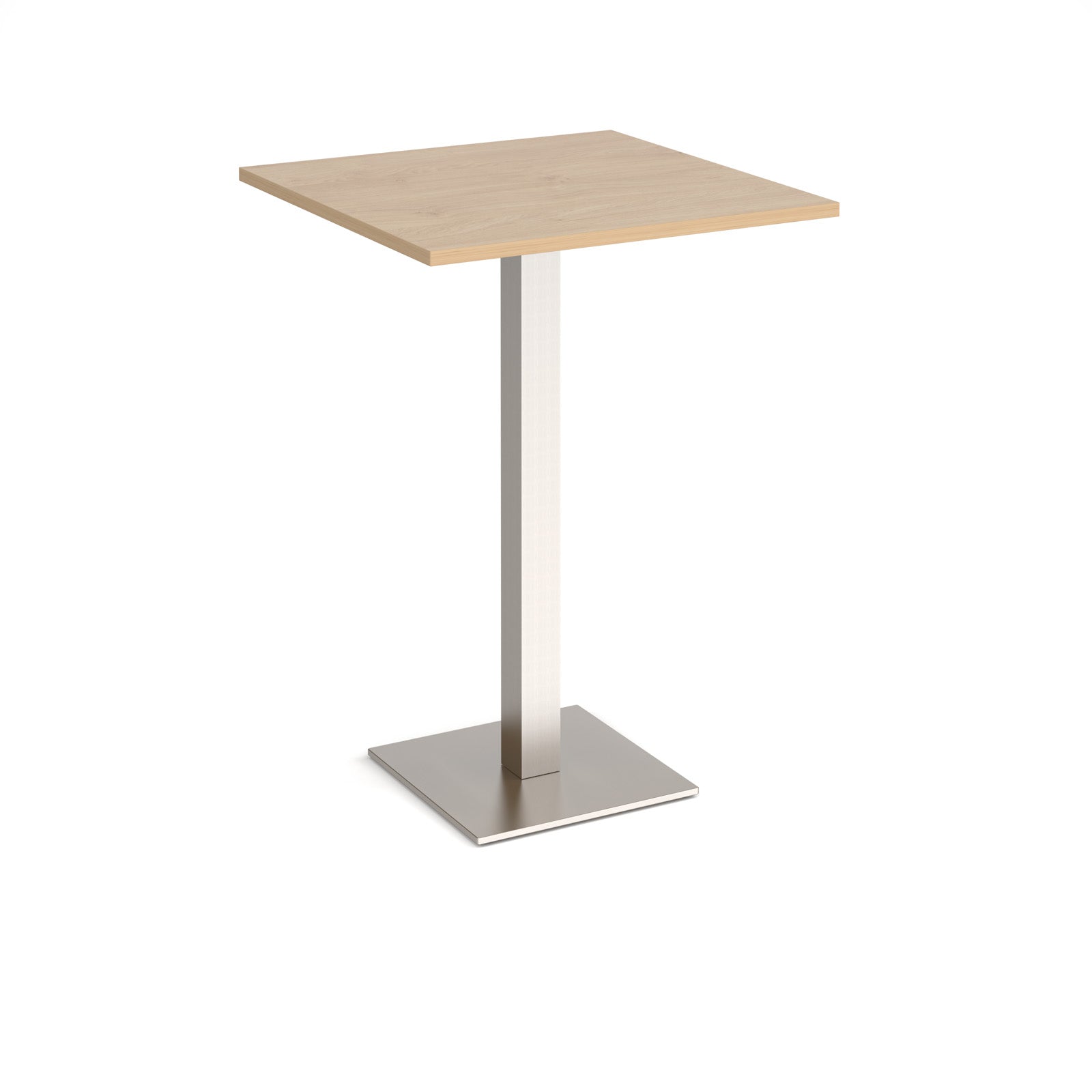 Square poseur table with wood-effect top and brushed steel metal base on a white background