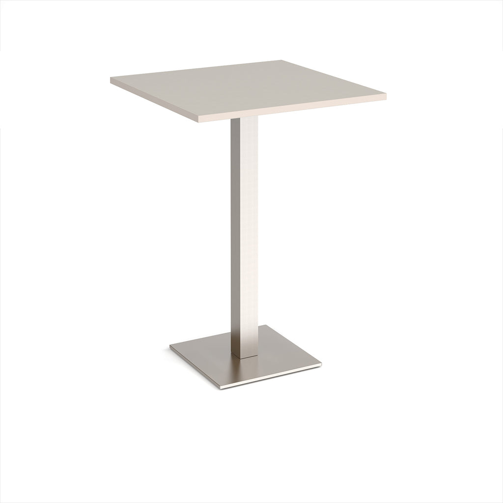 Square poseur table with light grey top and brushed steel metal base on a white background