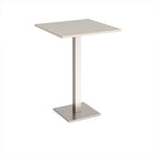 Square poseur table with light grey top and brushed steel metal base on a white background