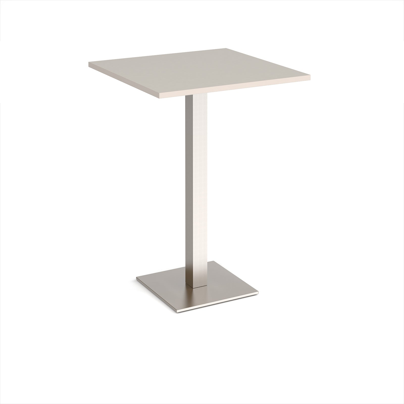 Square poseur table with light grey top and brushed steel metal base on a white background