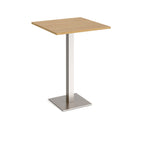 Square poseur table with wood-effect top and brushed steel metal base on a white background
