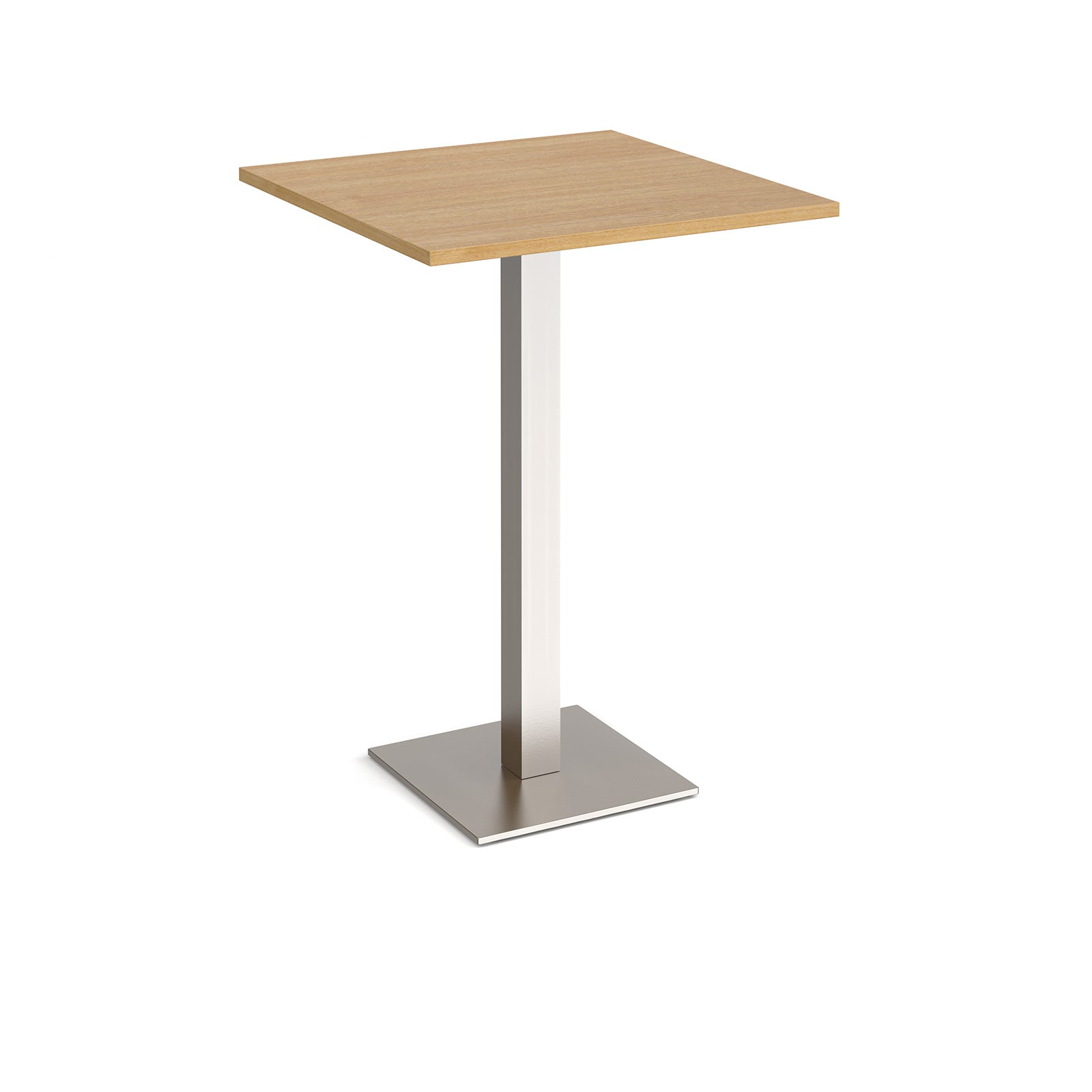 Square poseur table with wood-effect top and brushed steel metal base on a white background