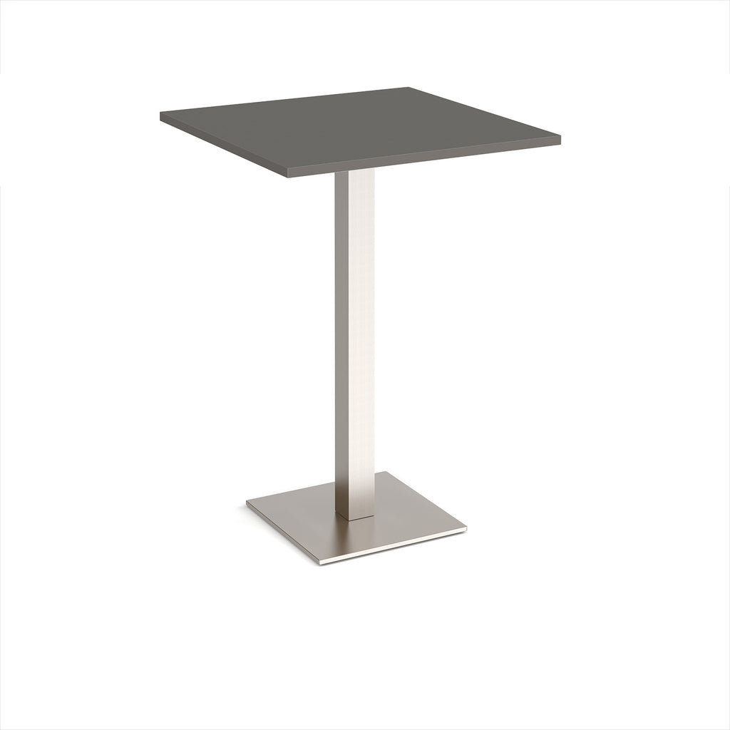 Square poseur table with grey top and brushed steel metal base on a white background