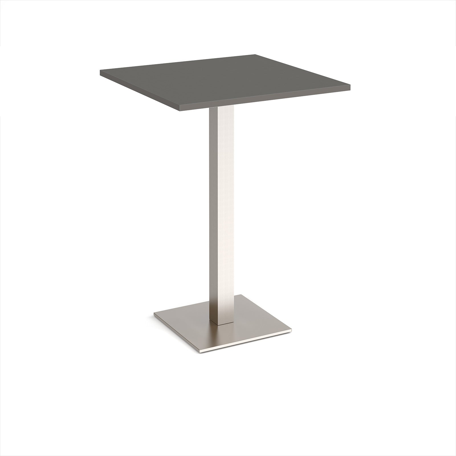 Square poseur table with grey top and brushed steel metal base on a white background
