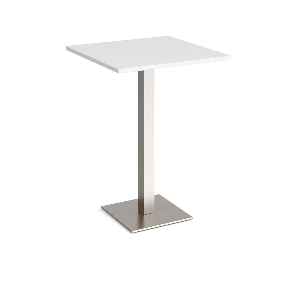 Square poseur table with white top and brushed steel metal base on a white background