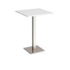 Square poseur table with white top and brushed steel metal base on a white background