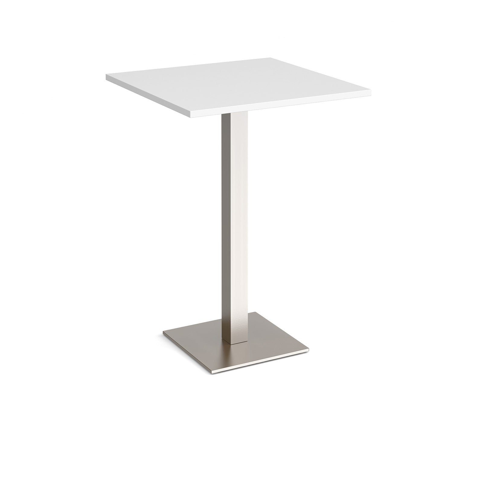Square poseur table with white top and brushed steel metal base on a white background