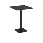 Black square poseur table with metal base on a white background