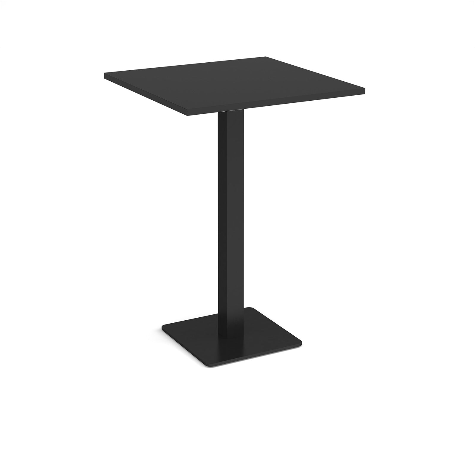 Black square poseur table with metal base on a white background