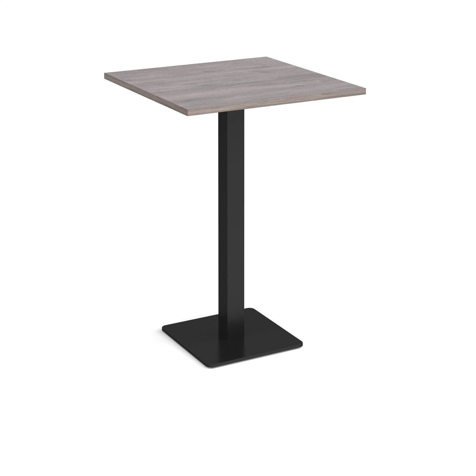 Square poseur table with grey wood-effect top and black metal base on a white background