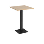 Square poseur table with wood-effect top and black metal base on a white background