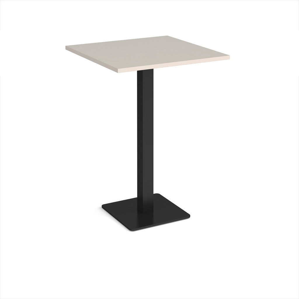 Square poseur table with light grey top and black metal base on a white background