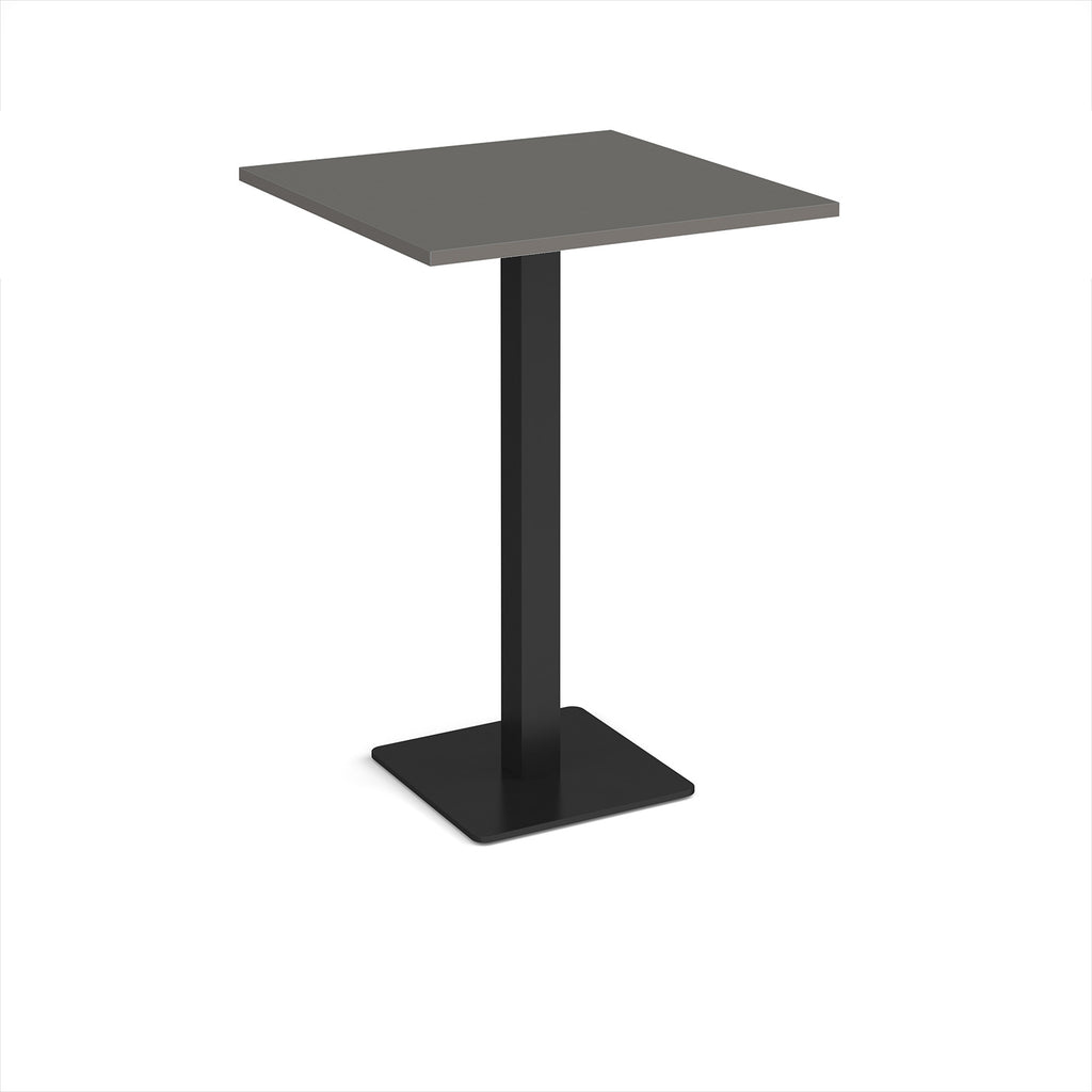 Square poseur table with grey top and black metal base on a white background