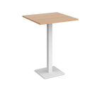 Square poseur table with wood-effect top and white metal base on a white background
