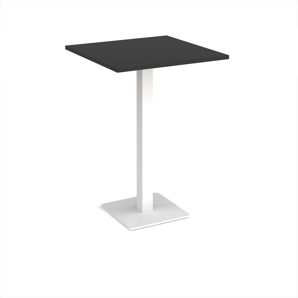 Square poseur table with black top and white metal base on a white background