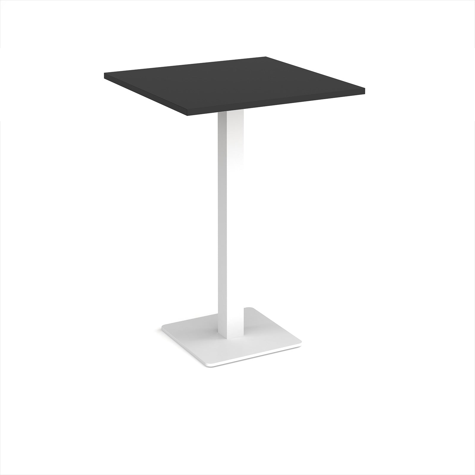 Square poseur table with black top and white metal base on a white background
