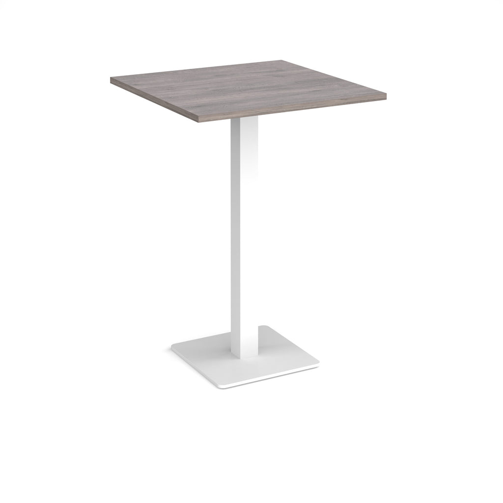 Square poseur table with grey wood-effect top and white metal base on a white background