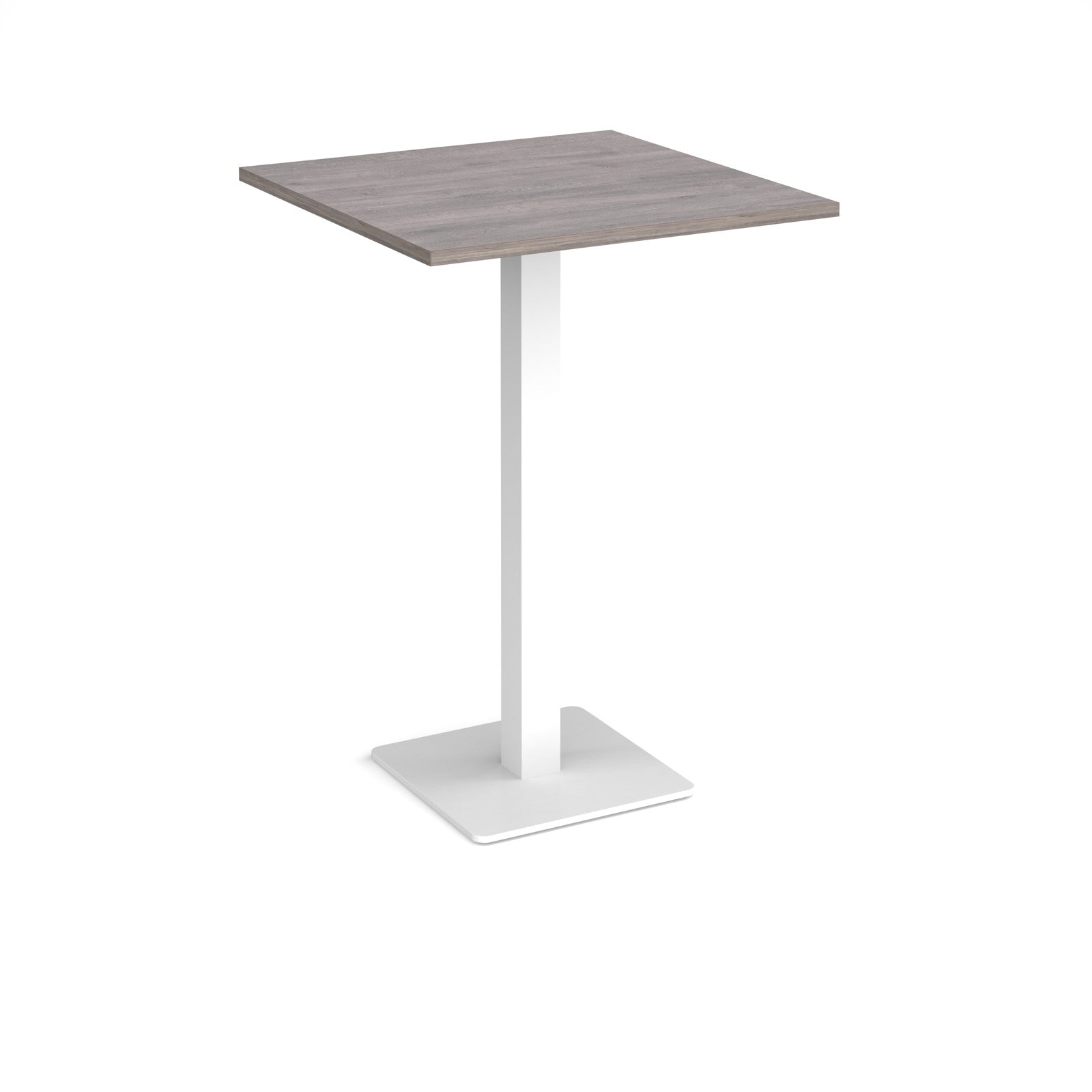 Square poseur table with grey wood-effect top and white metal base on a white background