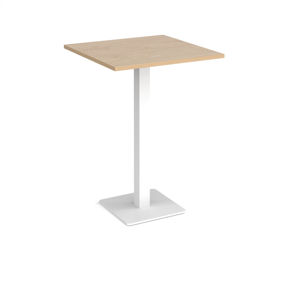 Square poseur table with wood-effect top and white metal base on a white background