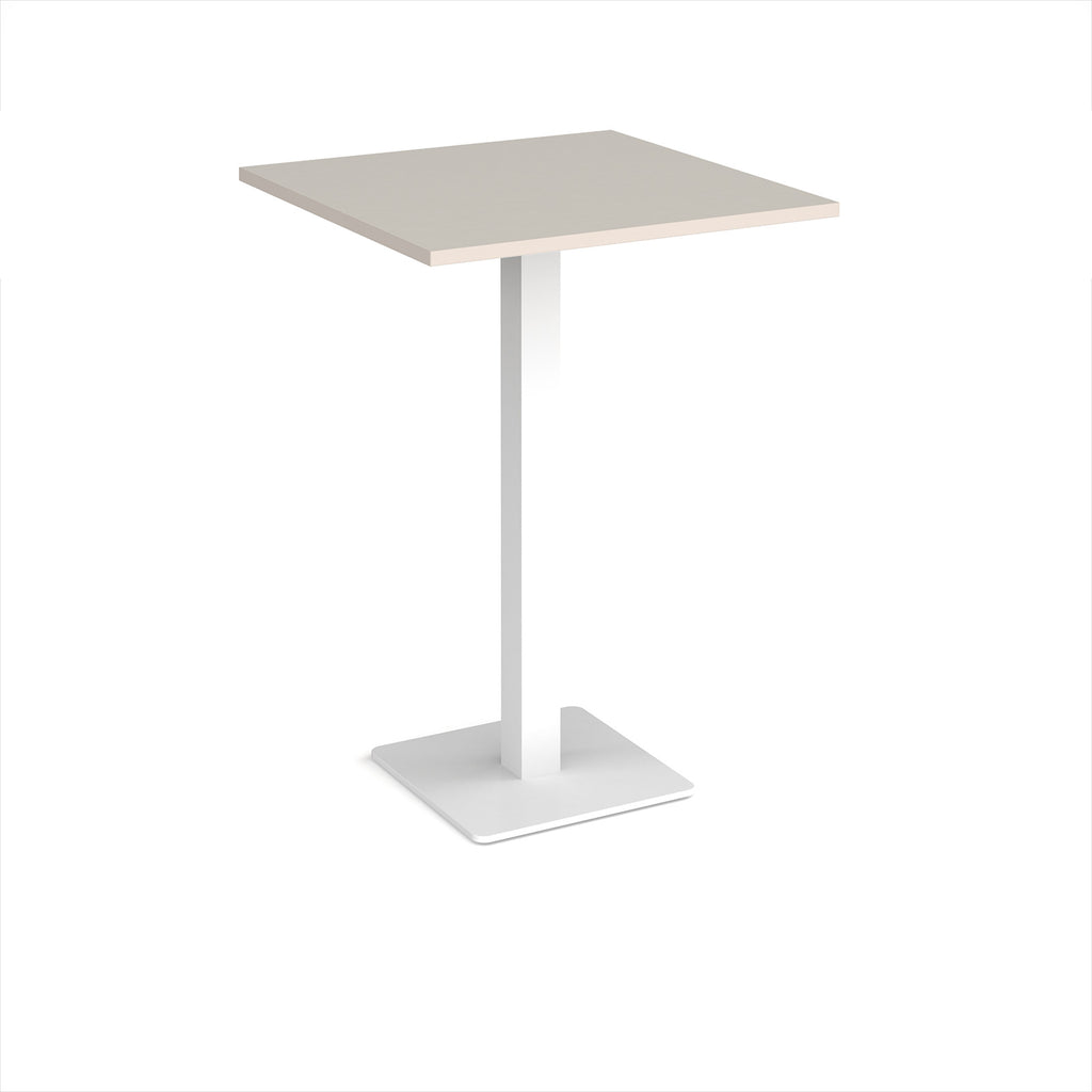 Square poseur table with light grey top and white metal base on a white background