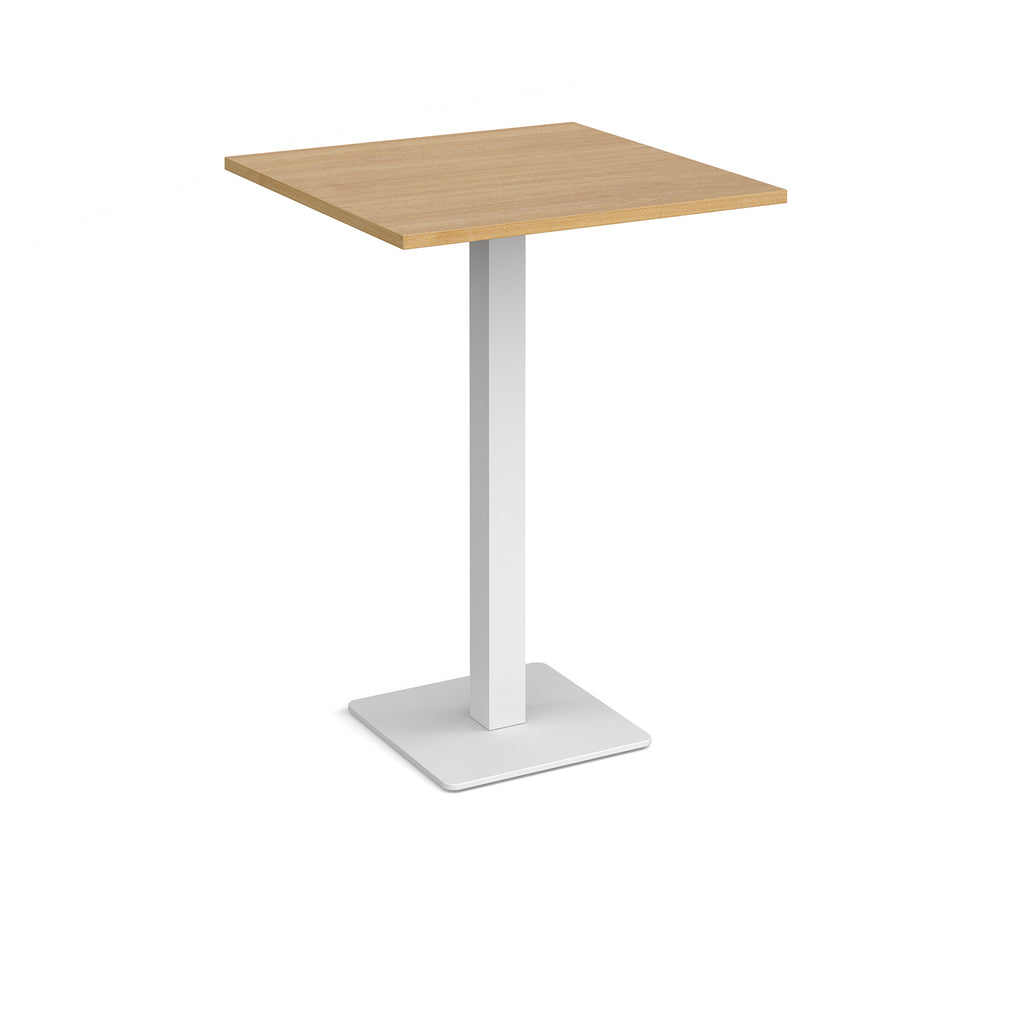 Square poseur table with wood-effect top and white metal base on a white background