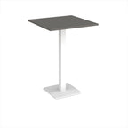 Square poseur table with grey top and white metal base on a white background