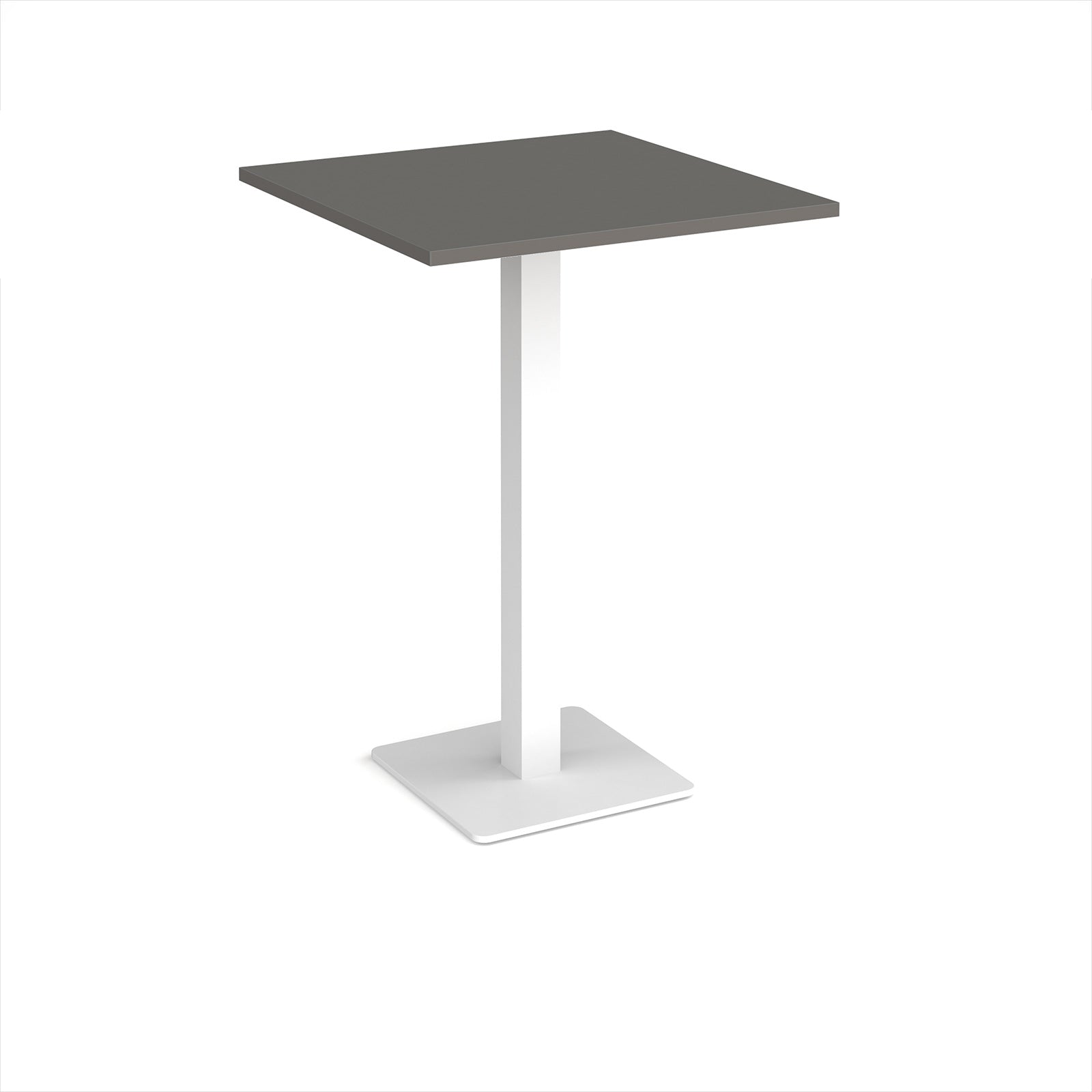 Square poseur table with grey top and white metal base on a white background