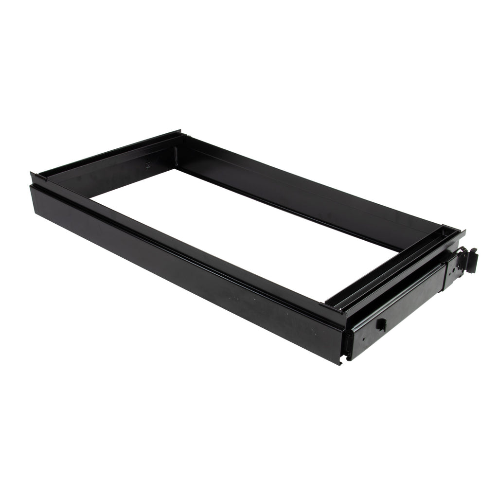 Black roll out filing frame for cupboards on a white background