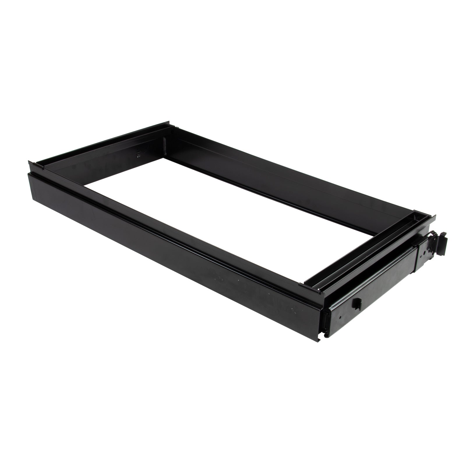 Black roll out filing frame for cupboards on a white background