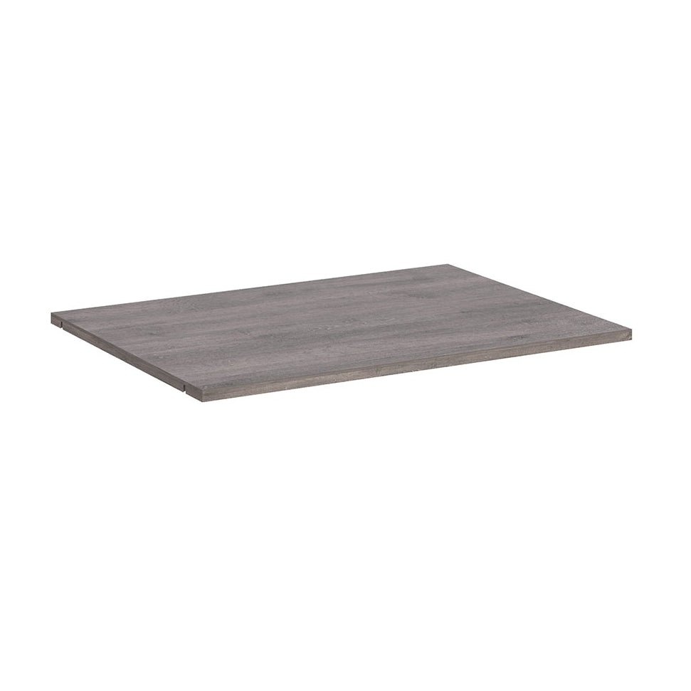 Grey wood-effect shelf on a white background