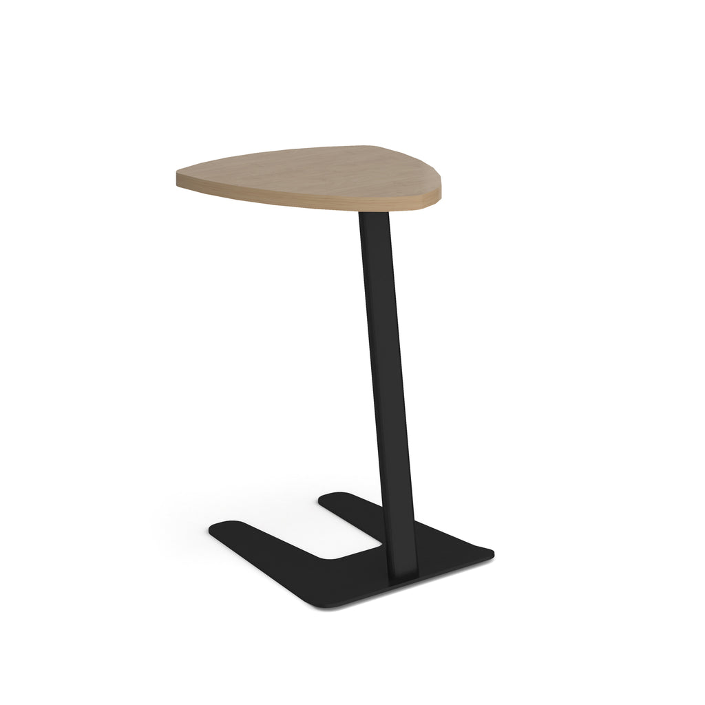 A modern corner side table with a light wood triangular tabletop and a black metal pedestal base, shown on a plain white background.