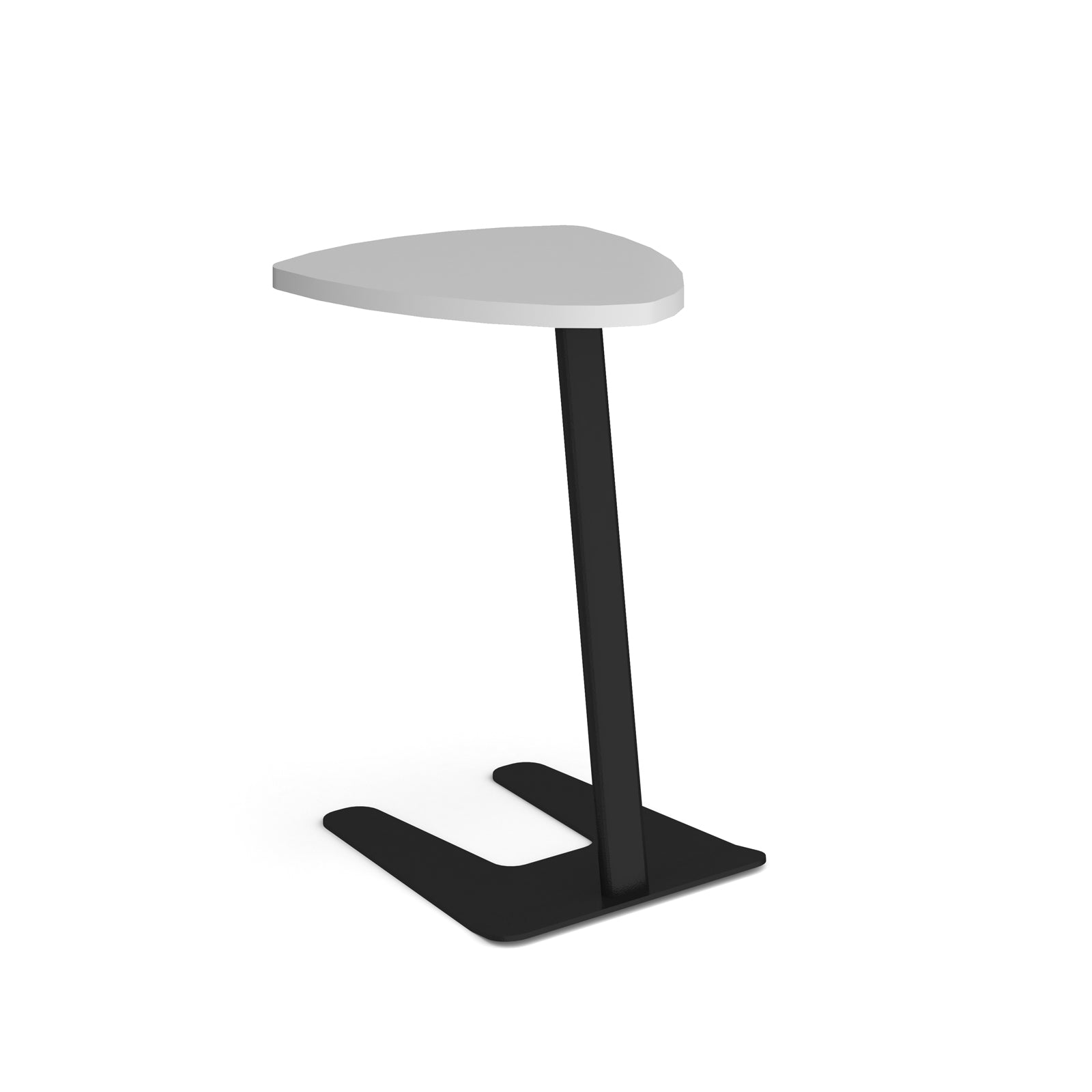 A modern corner side table with a white triangular tabletop and a black metal pedestal base, shown on a plain white background.