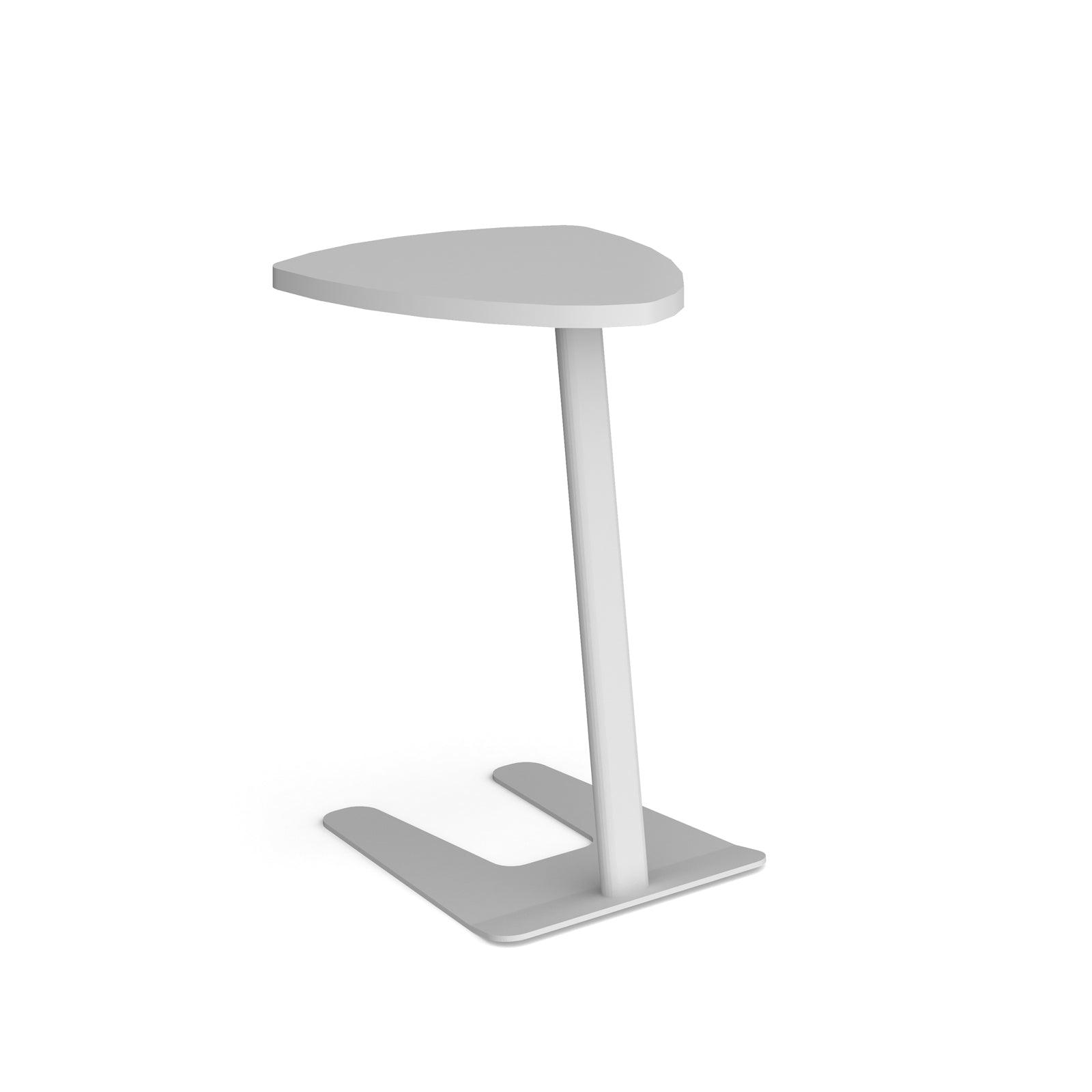 A modern white side table with a rounded triangular top, a single cylindrical pedestal leg, and a flat U-shaped base, shown on a plain white background.