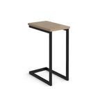 Side laptop table with wood-effect top and black metal frame on a white background