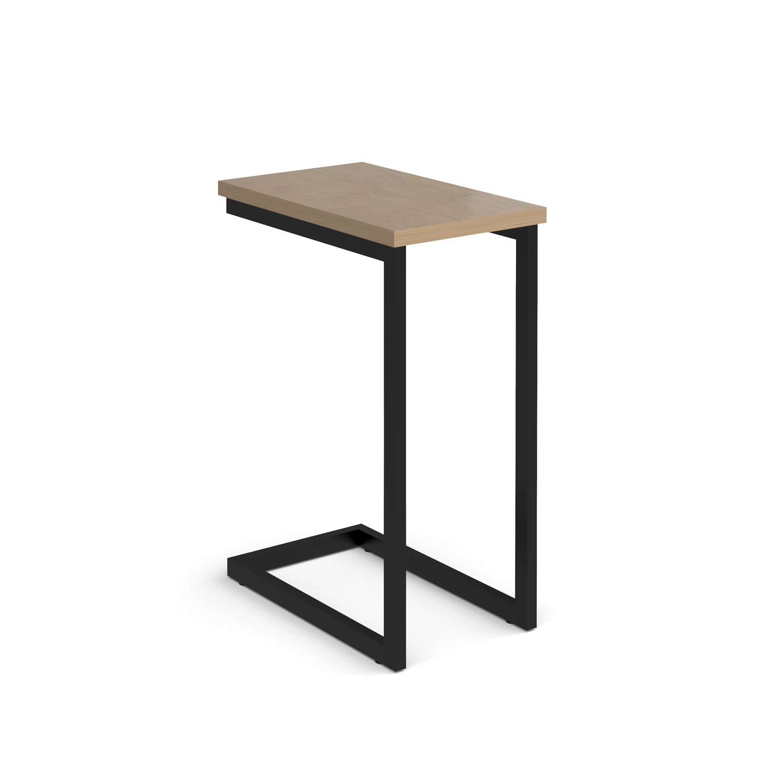 Side laptop table with wood-effect top and black metal frame on a white background