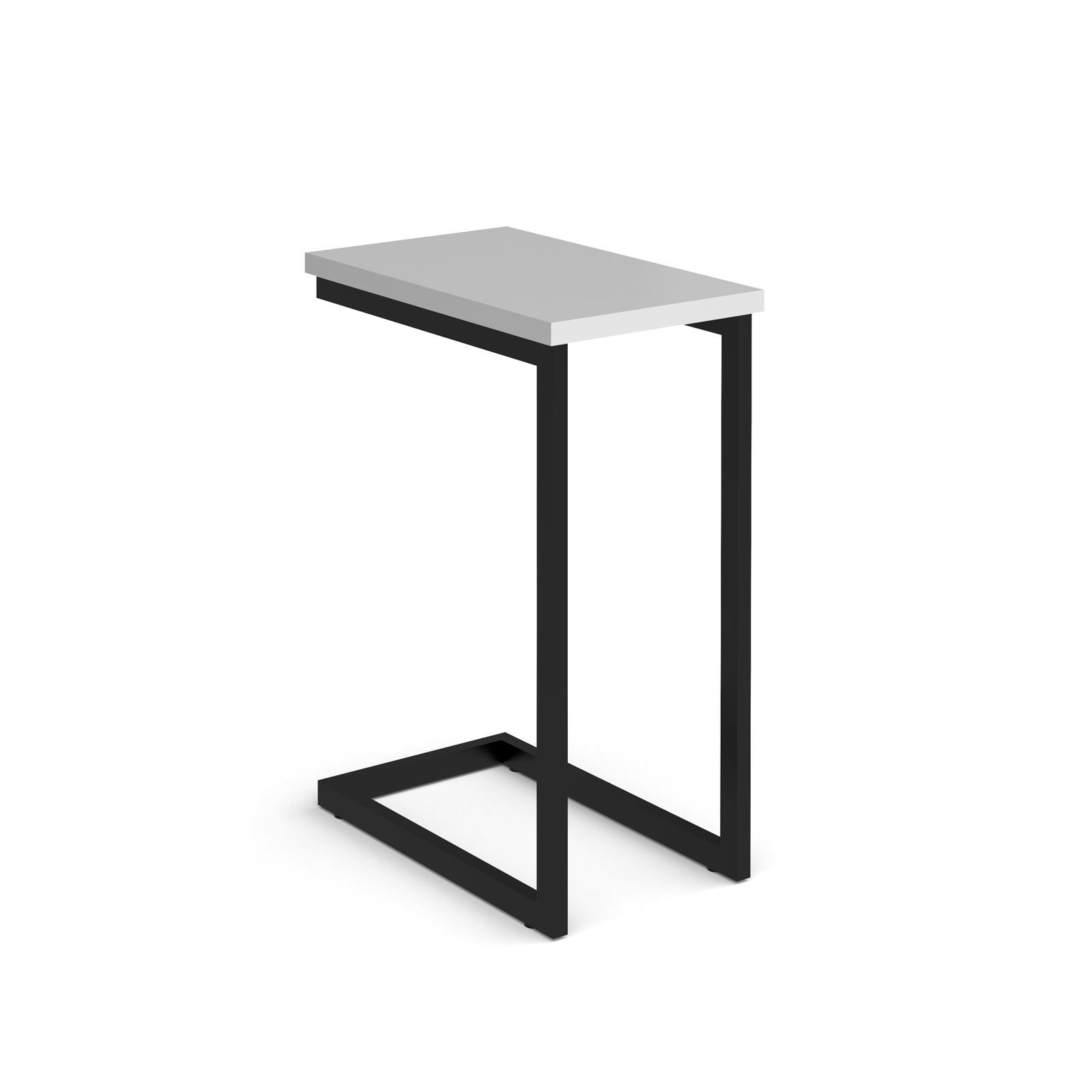 Side laptop table with white top and black metal frame on a white background