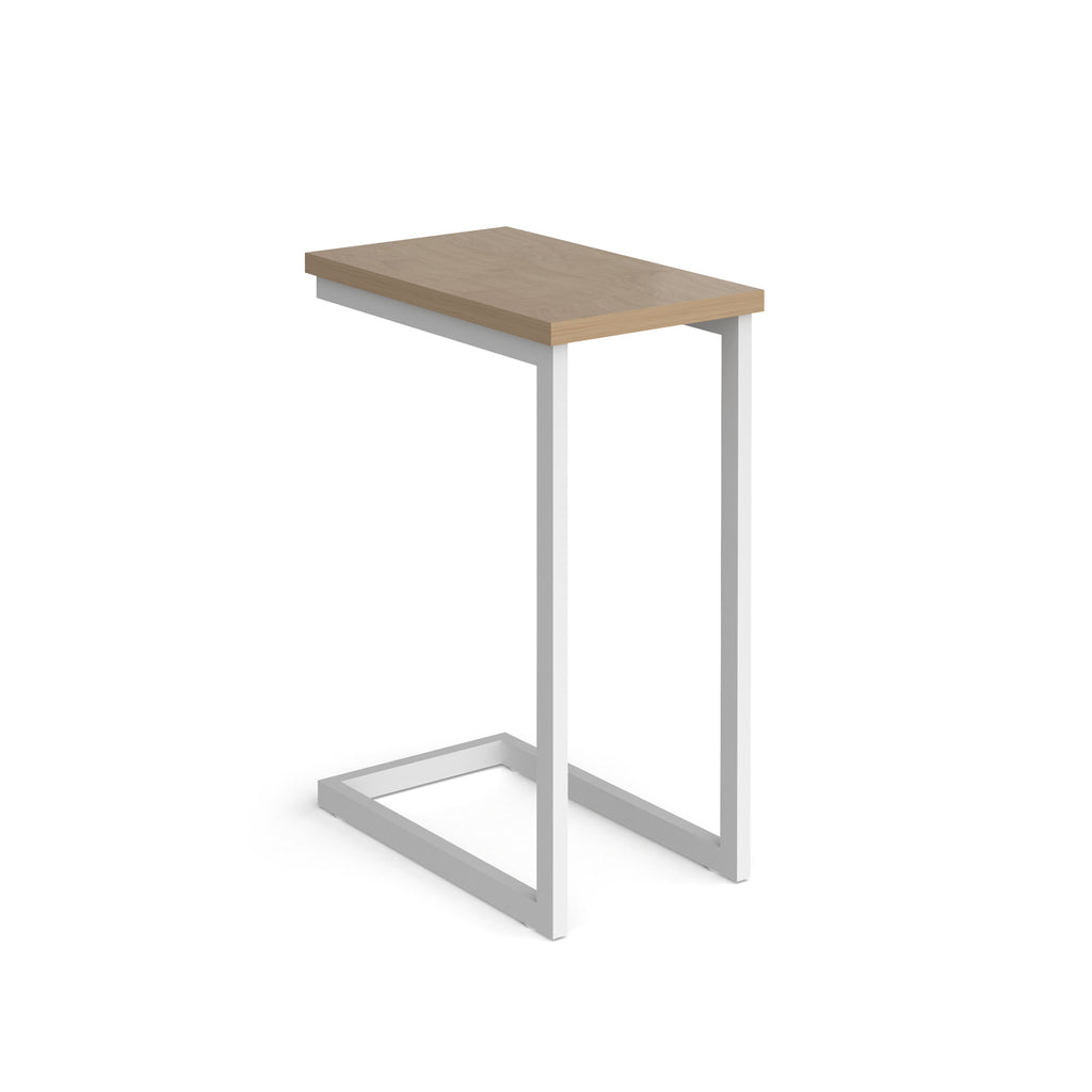 Side laptop table with wood-effect top and white metal frame on a white background