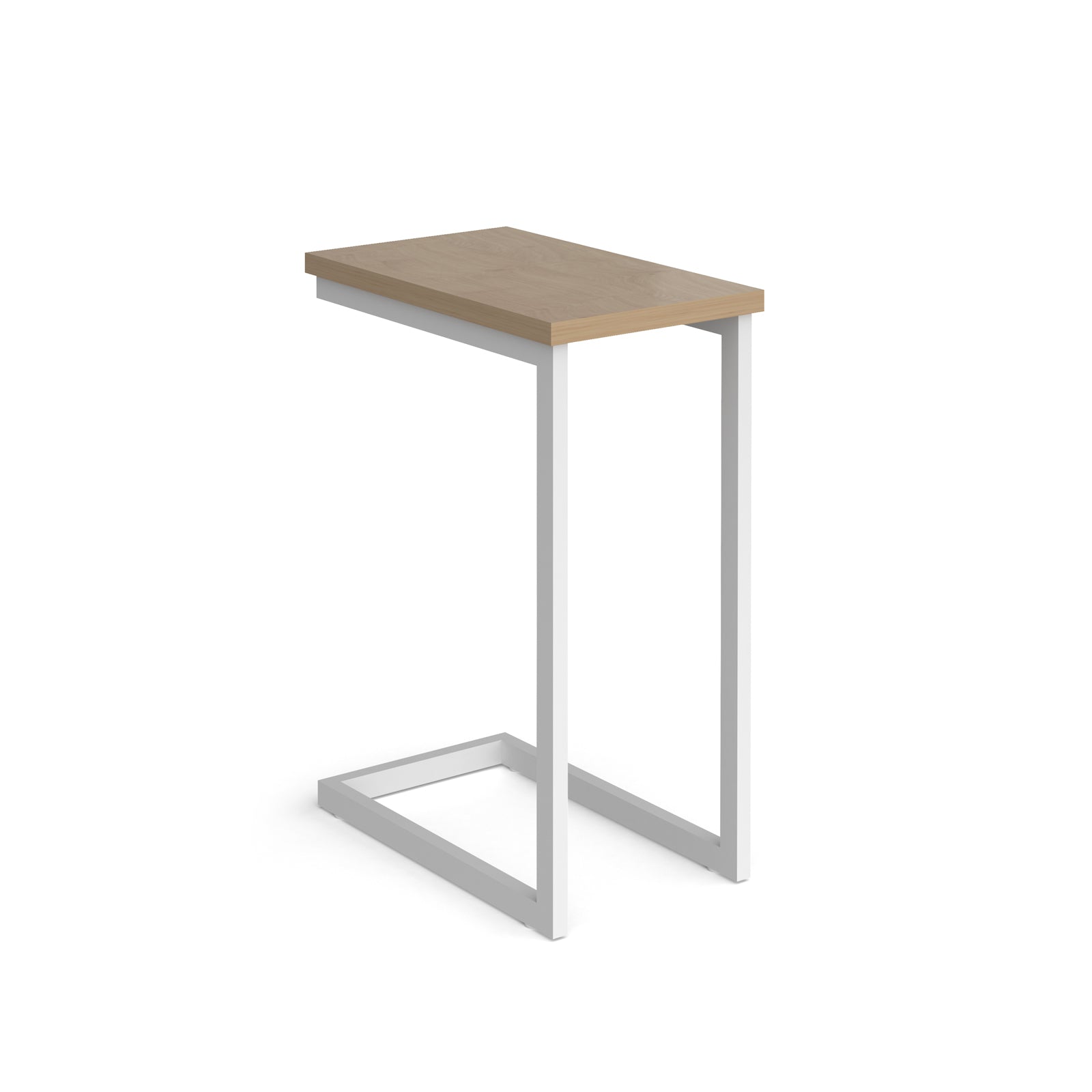 Side laptop table with wood-effect top and white metal frame on a white background