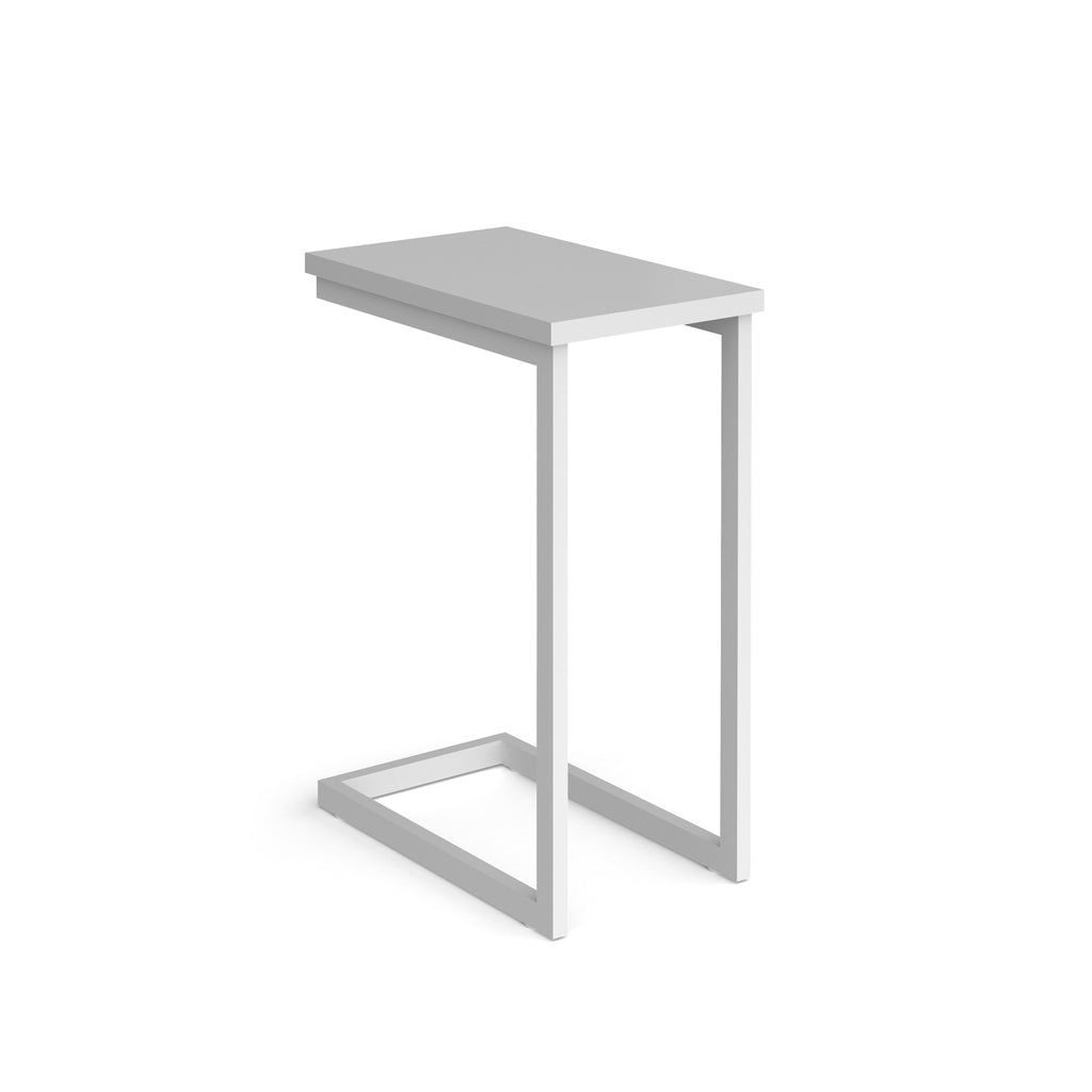 Side laptop table with white top and white metal frame on a white background