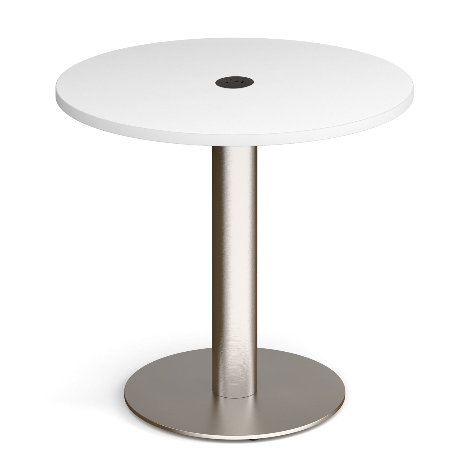 A modern round table with a white top with central black power module and a brushed stainless steel pedestal base, shown on a clean white background.