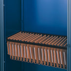 A set of brown hanging file folders suspended from a black metal rack inside a blue storage cabinet or shelf.