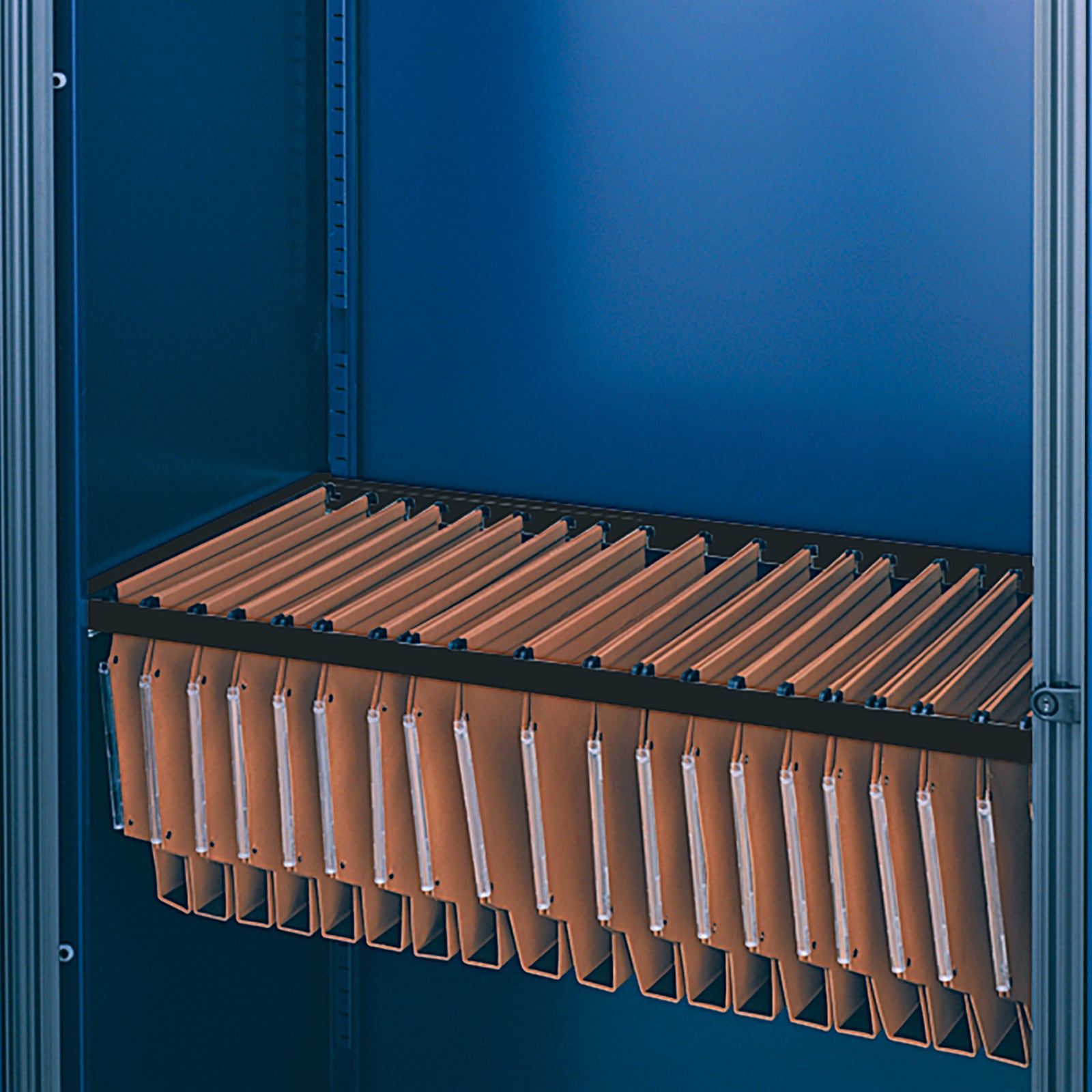 A set of brown hanging file folders suspended from a black metal rack inside a blue storage cabinet or shelf.