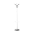 A modern silver metal coat rack with four angled hanging hooks at the top, a circular ring shelf in the middle, and a round base, shown on a plain white background.